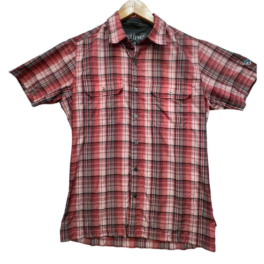 Kühl Men's Short Sleeves Button Up Shirt Size S Red Plaid Eluxor Pockets Casual